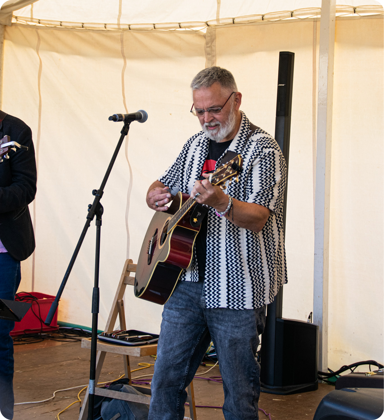 Guitarist in casual attire playing music