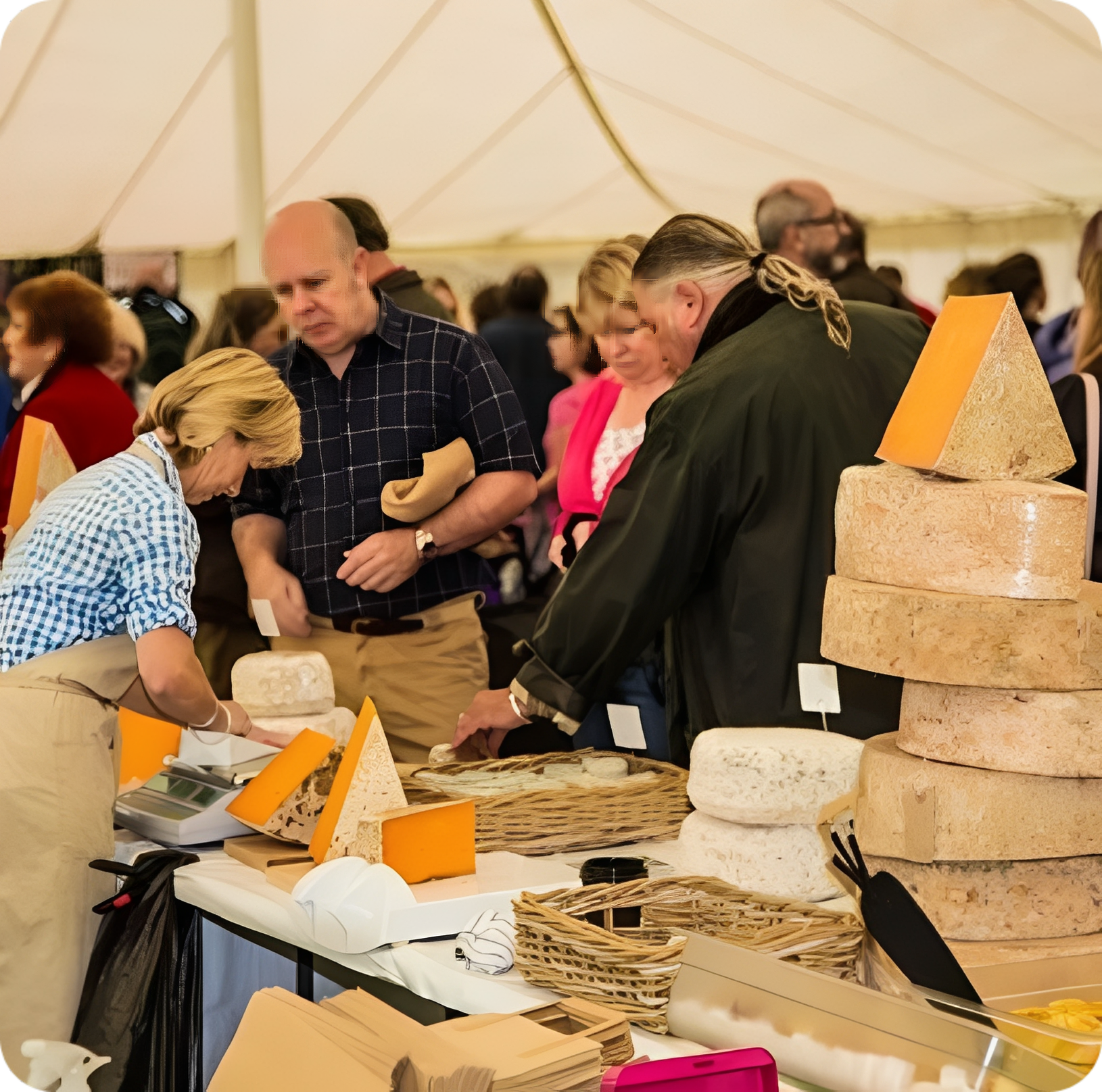 Cheese festival with people tasting samples