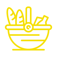 Yellow line art of a bowl with chopsticks and noodles.