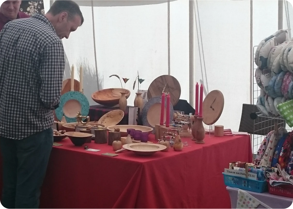 Display of wooden crafts and candles