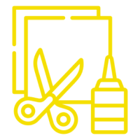 Icon of scissors cutting paper with glue bottle nearby.